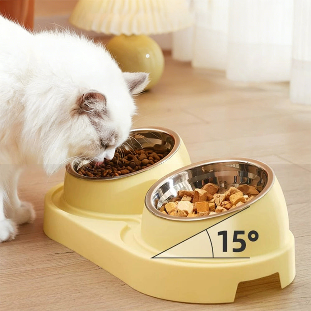 Cream Yellow Elevated Tilted Double Cat Bowl