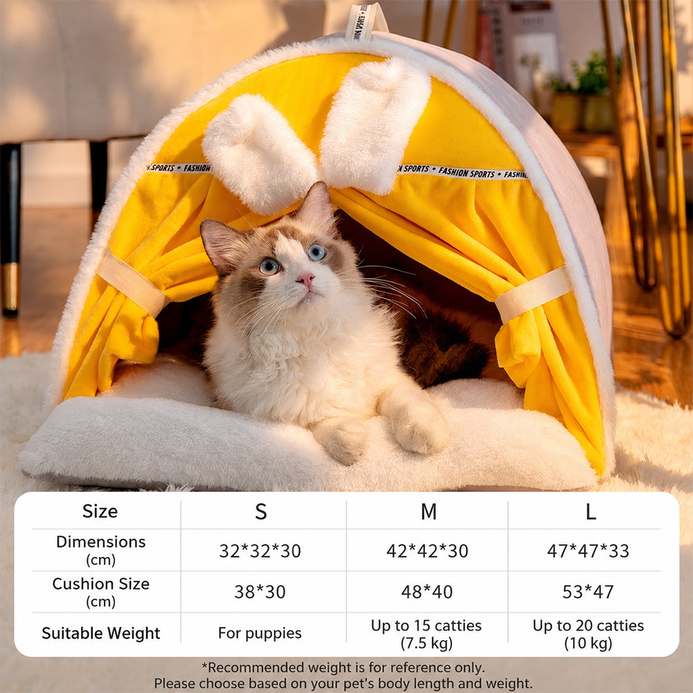 Enclosed Cat Bed | Warm House with Curtain — Bunny Design
