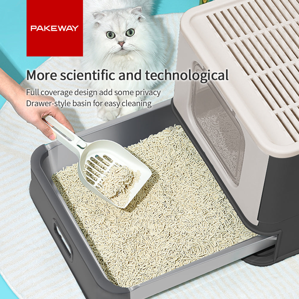 PAKEWAY Foldable Enclosed Cat Litter Box with Stainless Steel Tray 54.2x42.2x38cm