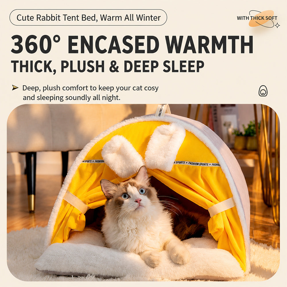 Enclosed Cat Bed | Warm House with Curtain — Bunny Design