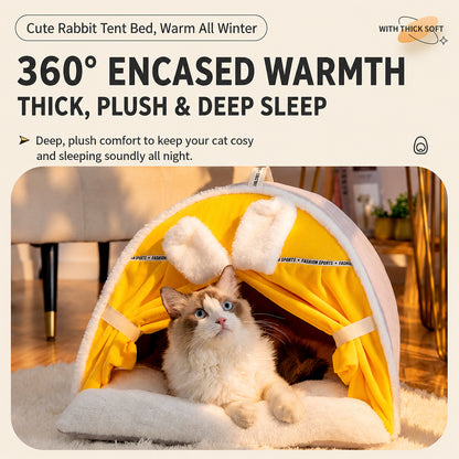 Enclosed Cat Bed | Warm House with Curtain — Bunny Design
