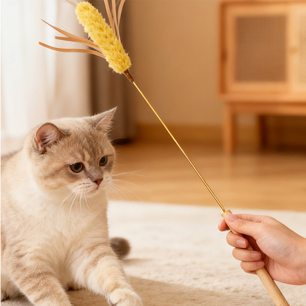Natural Wheat Ear Cat Teaser Wand - Wooden Handle Interactive Toy