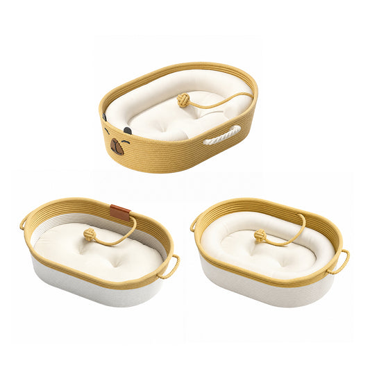 Woven Straw Cat Bed with Plush Cushion – All-Season