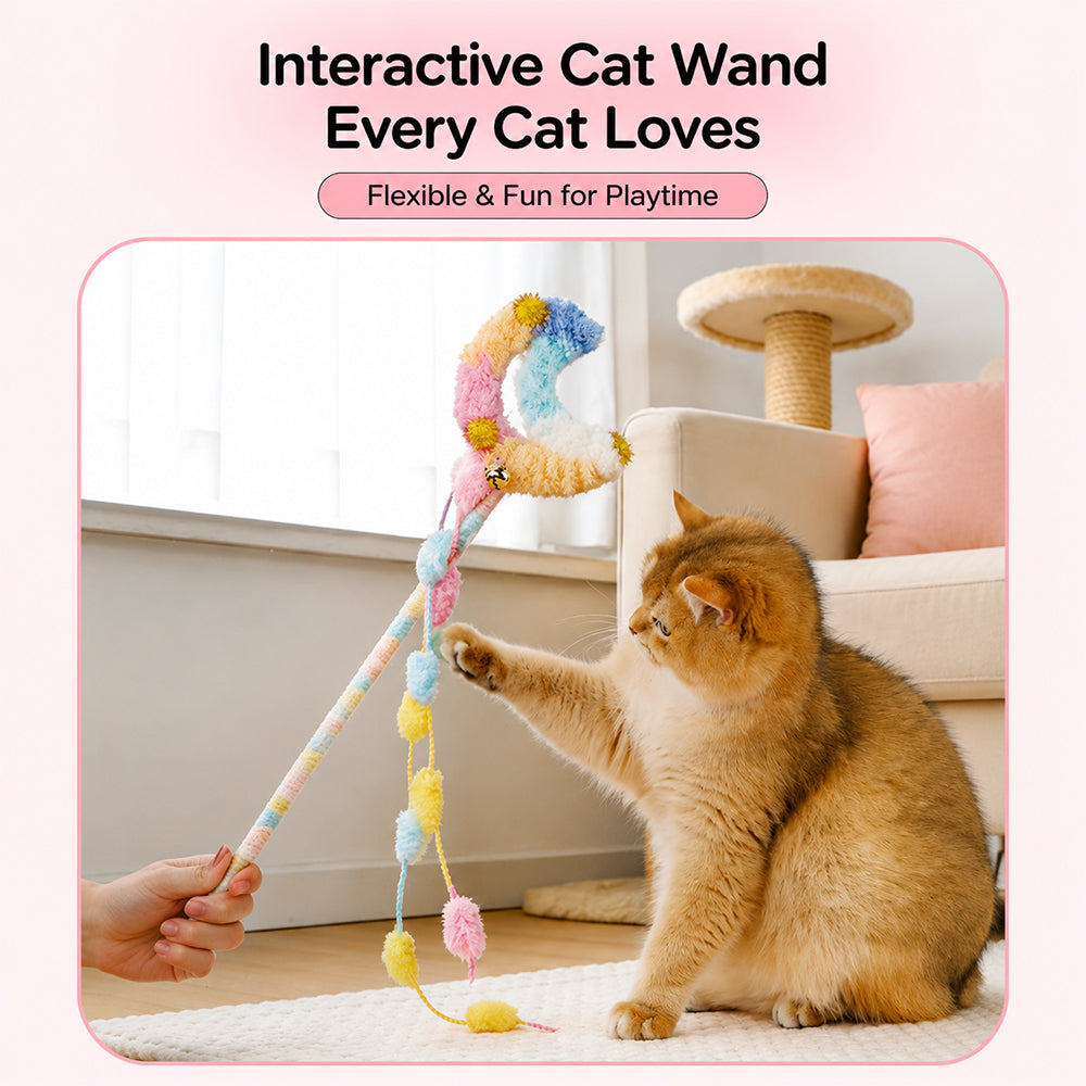 Cat Wand Toy – Interactive Feather Teaser with Replaceable Heads