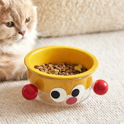 Anti-Tip Ergonomic Food & Water Bowl Set  Ceramic Double Cat Bowl - Yellow Big Eye