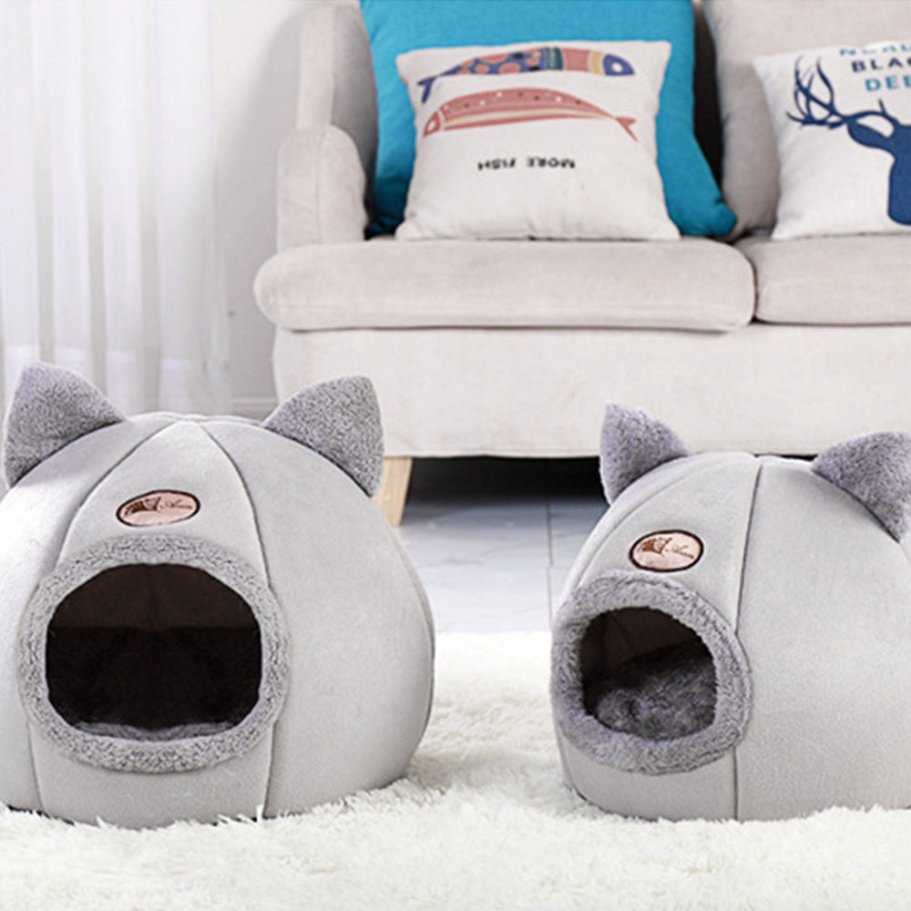 Enclosed Cat Bed House Cozy Warm Grey Large