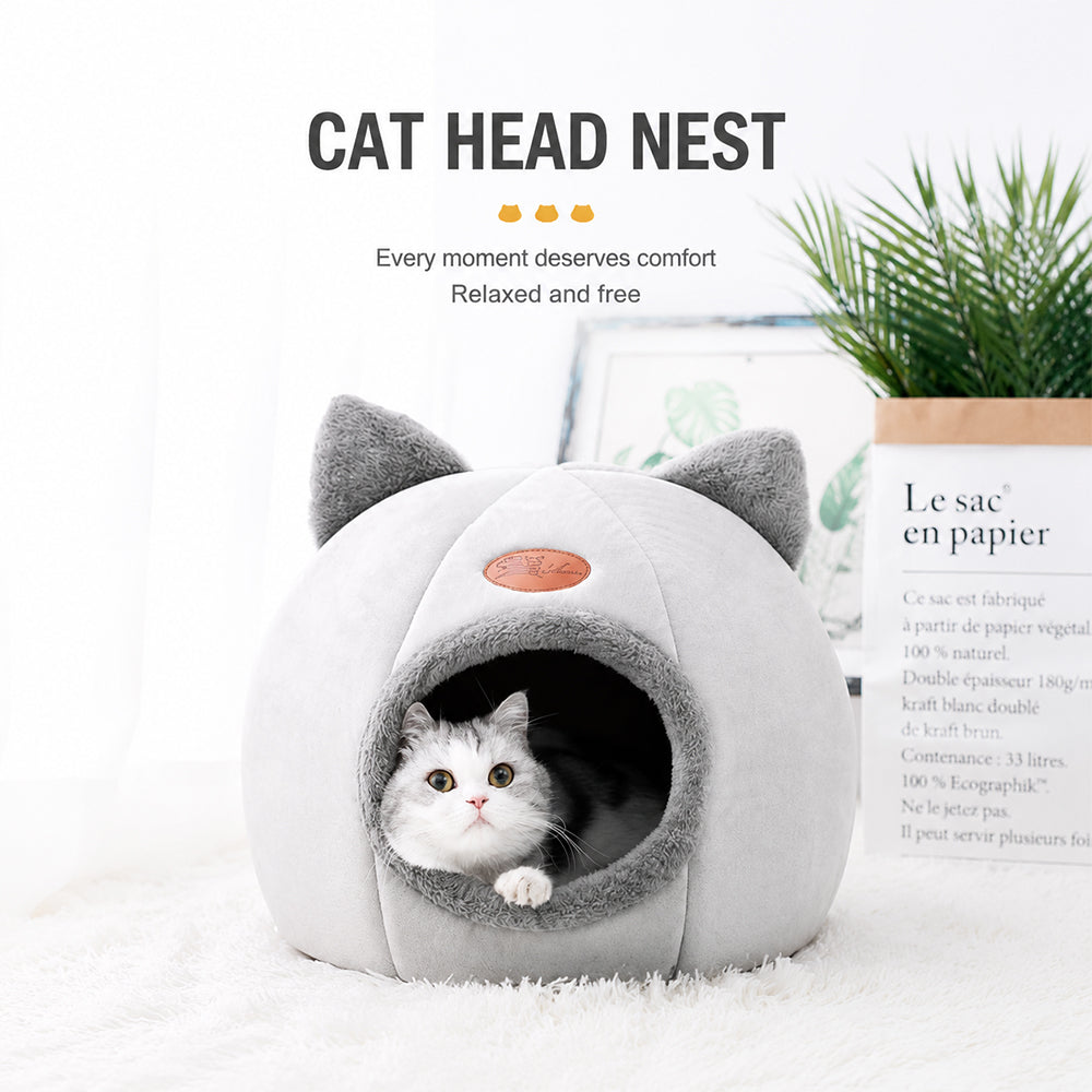 Enclosed Cat Bed House Cozy Warm Grey Large