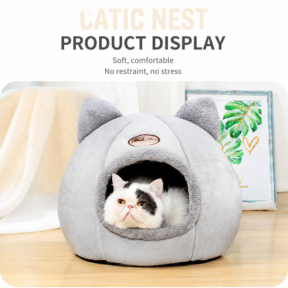 Enclosed Cat Bed House Cozy Warm Grey Large