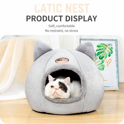 Enclosed Cat Bed House Cozy Warm Grey Large