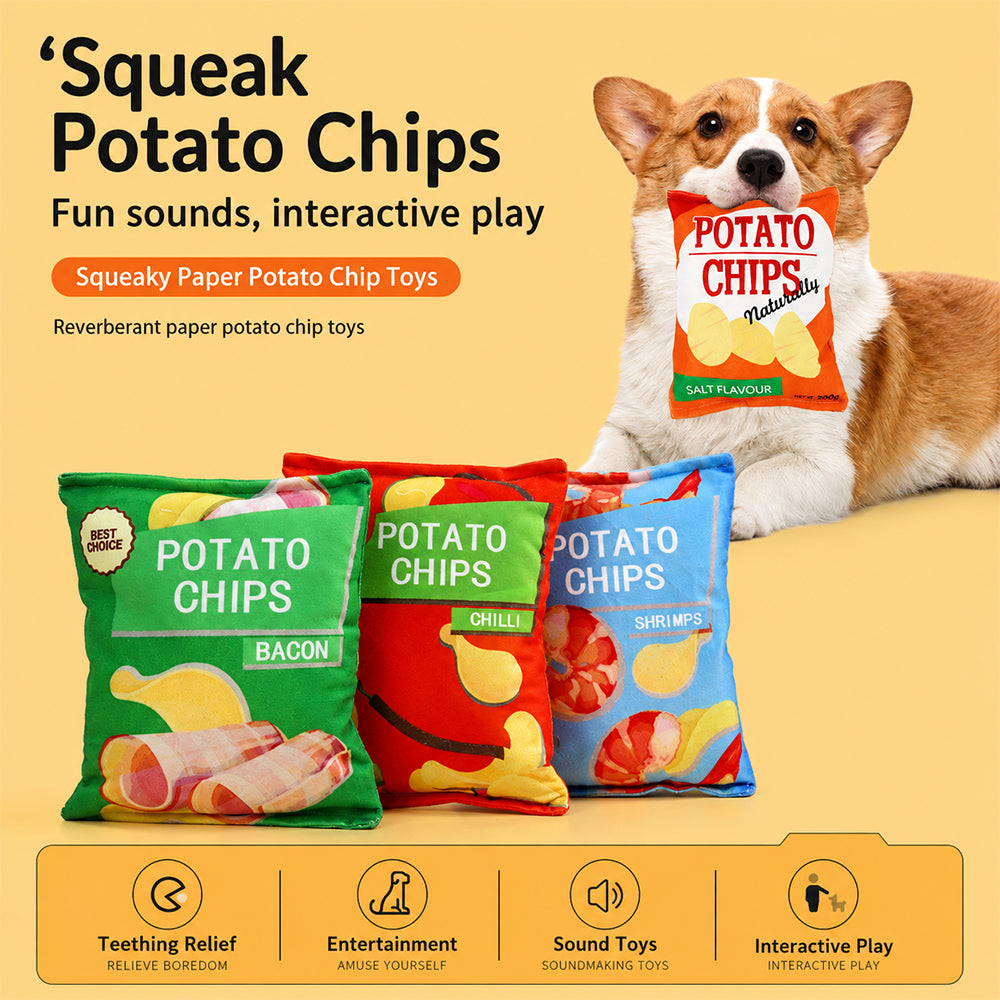 Dog Toy Plush Crinkle Squeaky Chips Bag Interactive Toy