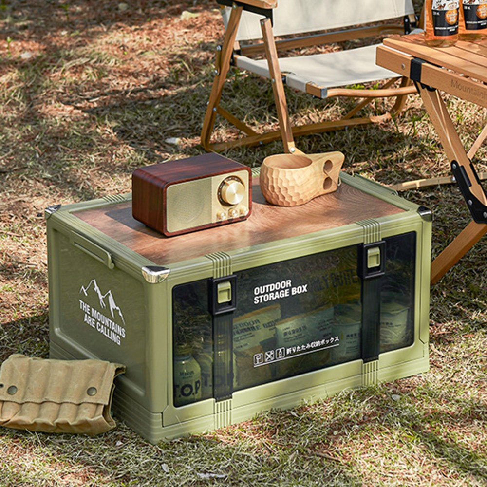 Foldable Camping Storage Box with Wooden Lid – Stackable Car Boot Organiser