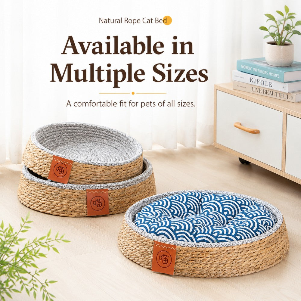 Woven Straw Cat Bed with Removable Mat – All Season