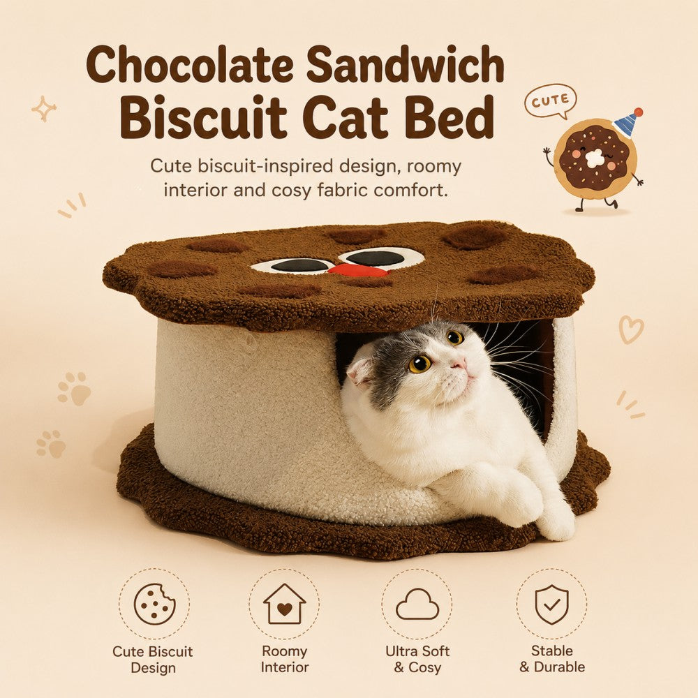 Enclosed Cat Bed Chocolate Cookie House Cozy Warm
