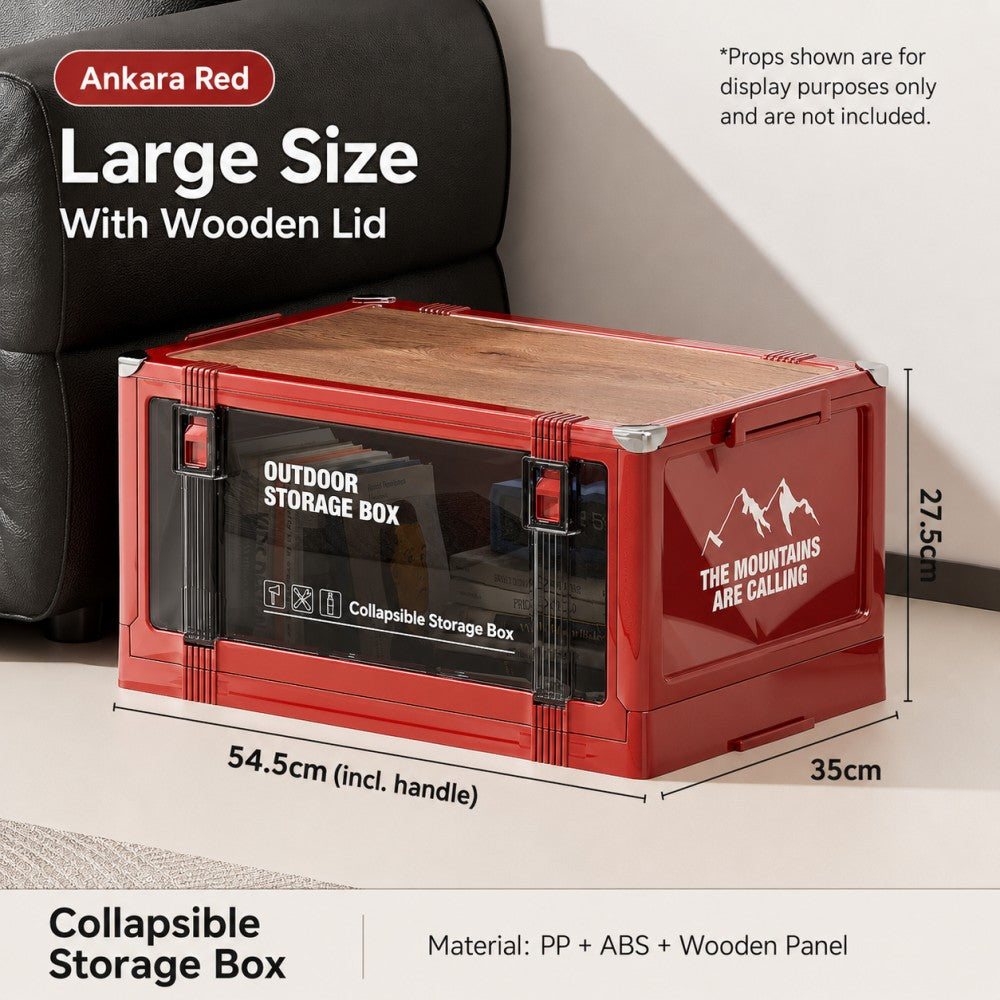 Foldable Camping Storage Box with Wooden Lid – Stackable Car Boot Organiser