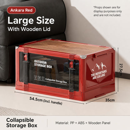 Foldable Camping Storage Box with Wooden Lid – Stackable Car Boot Organiser
