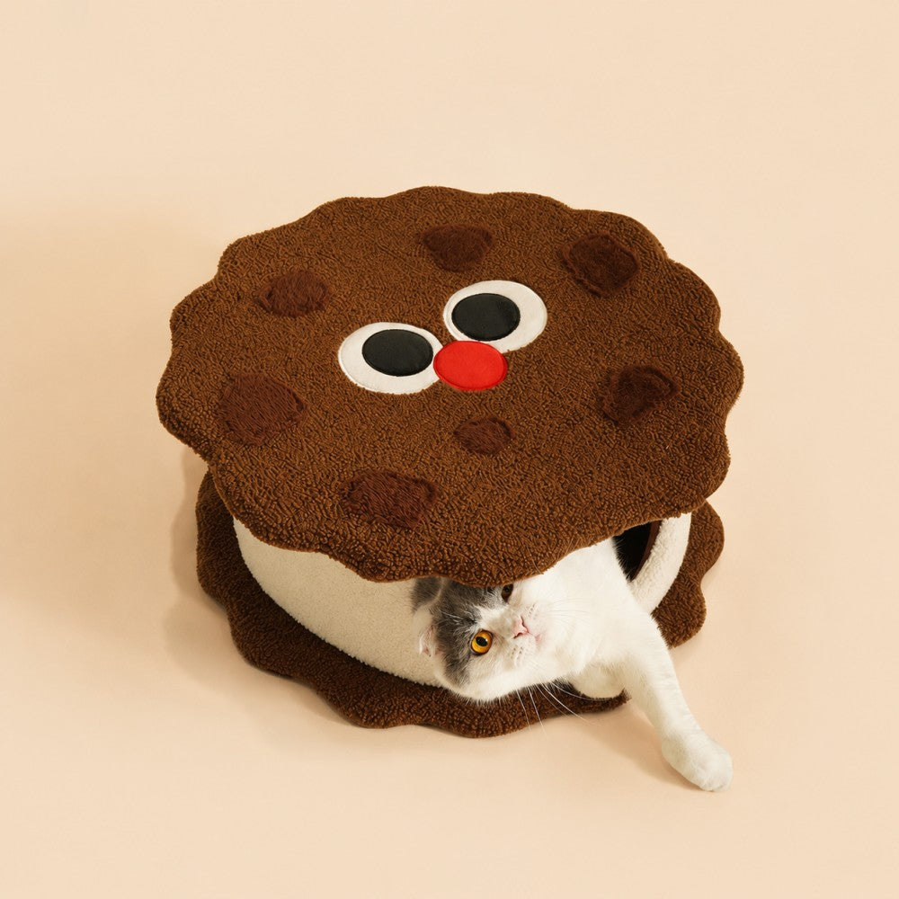 Enclosed Cat Bed Chocolate Cookie House Cozy Warm