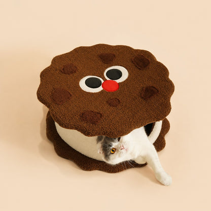 Enclosed Cat Bed Chocolate Cookie House Cozy Warm