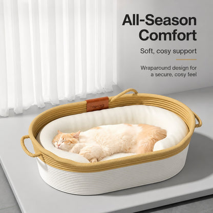Woven Straw Cat Bed with Plush Cushion – All-Season