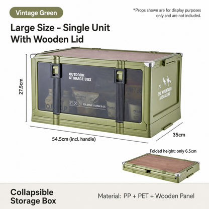 Foldable Camping Storage Box with Wooden Lid – Stackable Car Boot Organiser