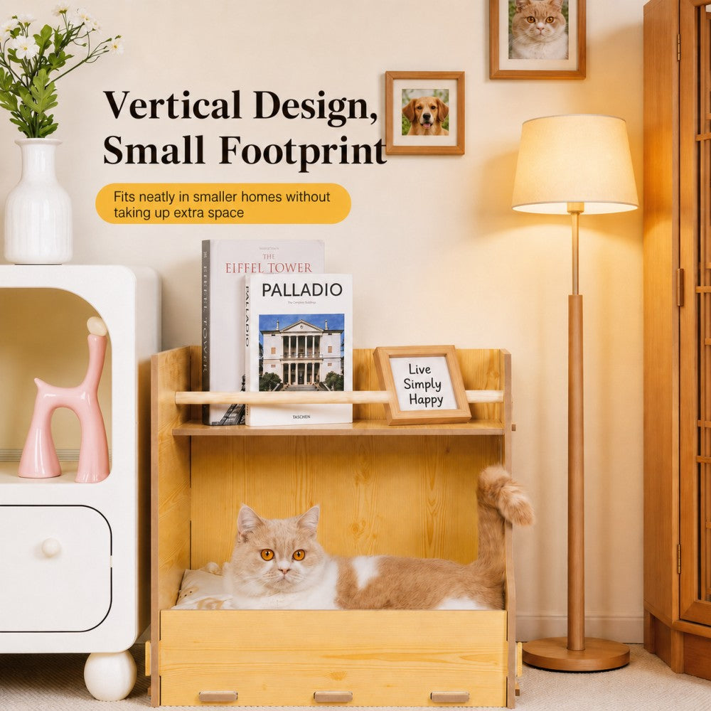 Wooden Multi-Layer Pet Bed with Storage for Cats and Dogs – All Season Natural Wood
