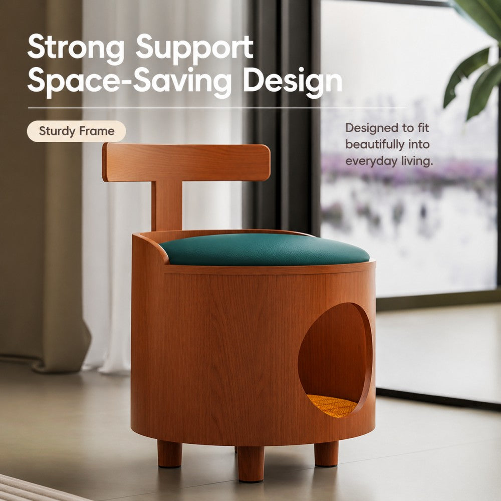 Closed Cat House & Human-Cat Shared Wooden Stool – Warm and Cozy, Four Seasons