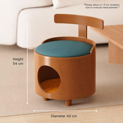 Closed Cat House & Human-Cat Shared Wooden Stool – Warm and Cozy, Four Seasons