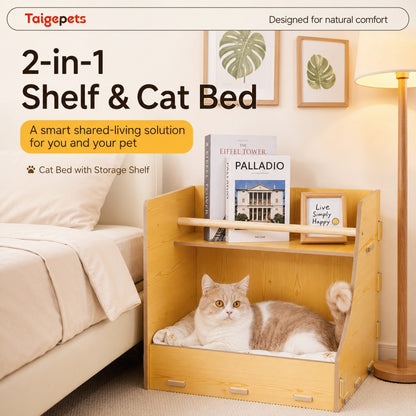 Wooden Multi-Layer Pet Bed with Storage for Cats and Dogs – All Season Natural Wood