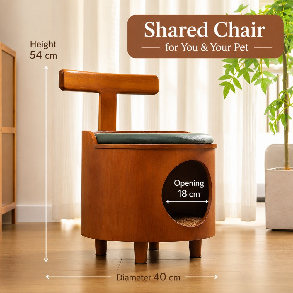 Closed Cat House & Human-Cat Shared Wooden Stool – Warm and Cozy, Four Seasons