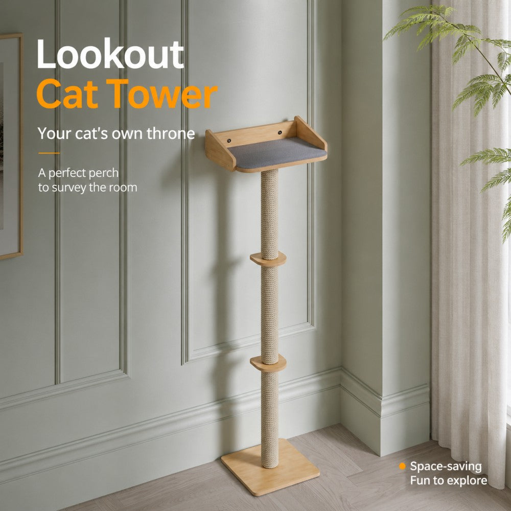 Floor to Ceiling Cat Tree Wooden Climbing Single PoleTower
