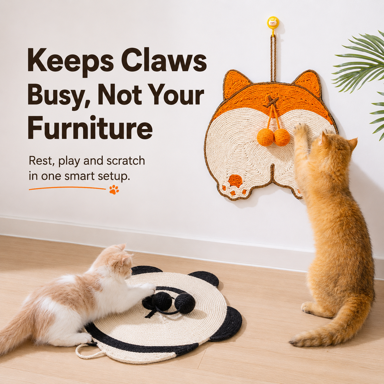 Sisal Cat Scratch Pad – Wall-Mount & Freestanding with Bell Ball