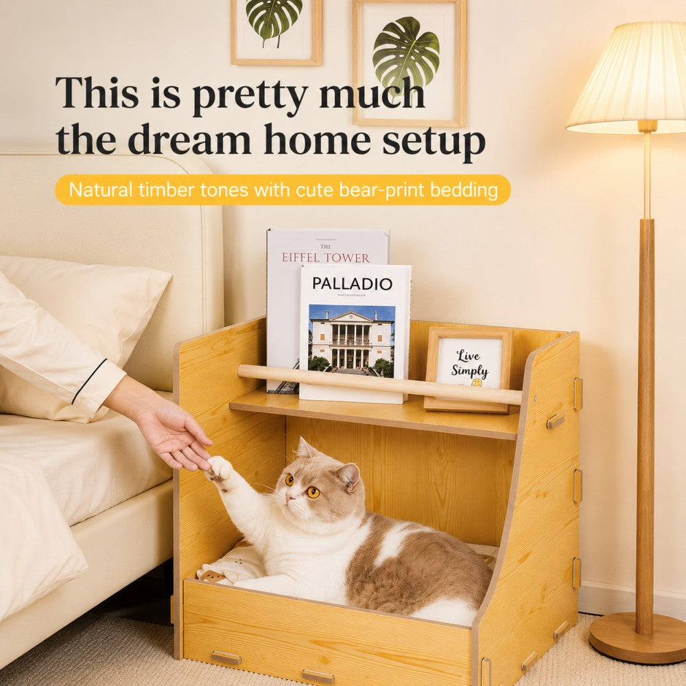 Wooden Multi-Layer Pet Bed with Storage for Cats and Dogs – All Season Natural Wood