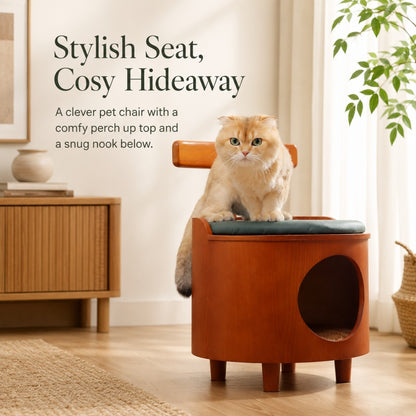 Closed Cat House & Human-Cat Shared Wooden Stool – Warm and Cozy, Four Seasons