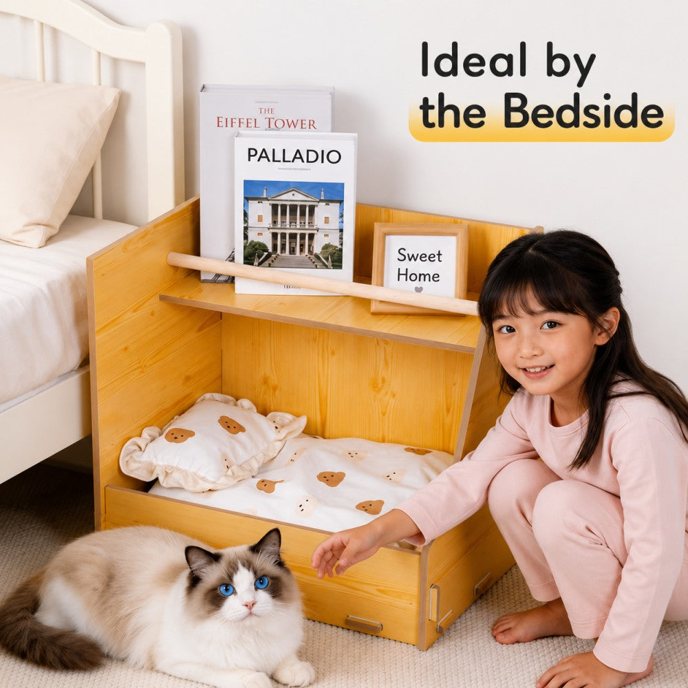 Wooden Multi-Layer Pet Bed with Storage for Cats and Dogs – All Season Natural Wood
