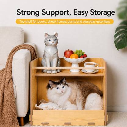 Wooden Multi-Layer Pet Bed with Storage for Cats and Dogs – All Season Natural Wood