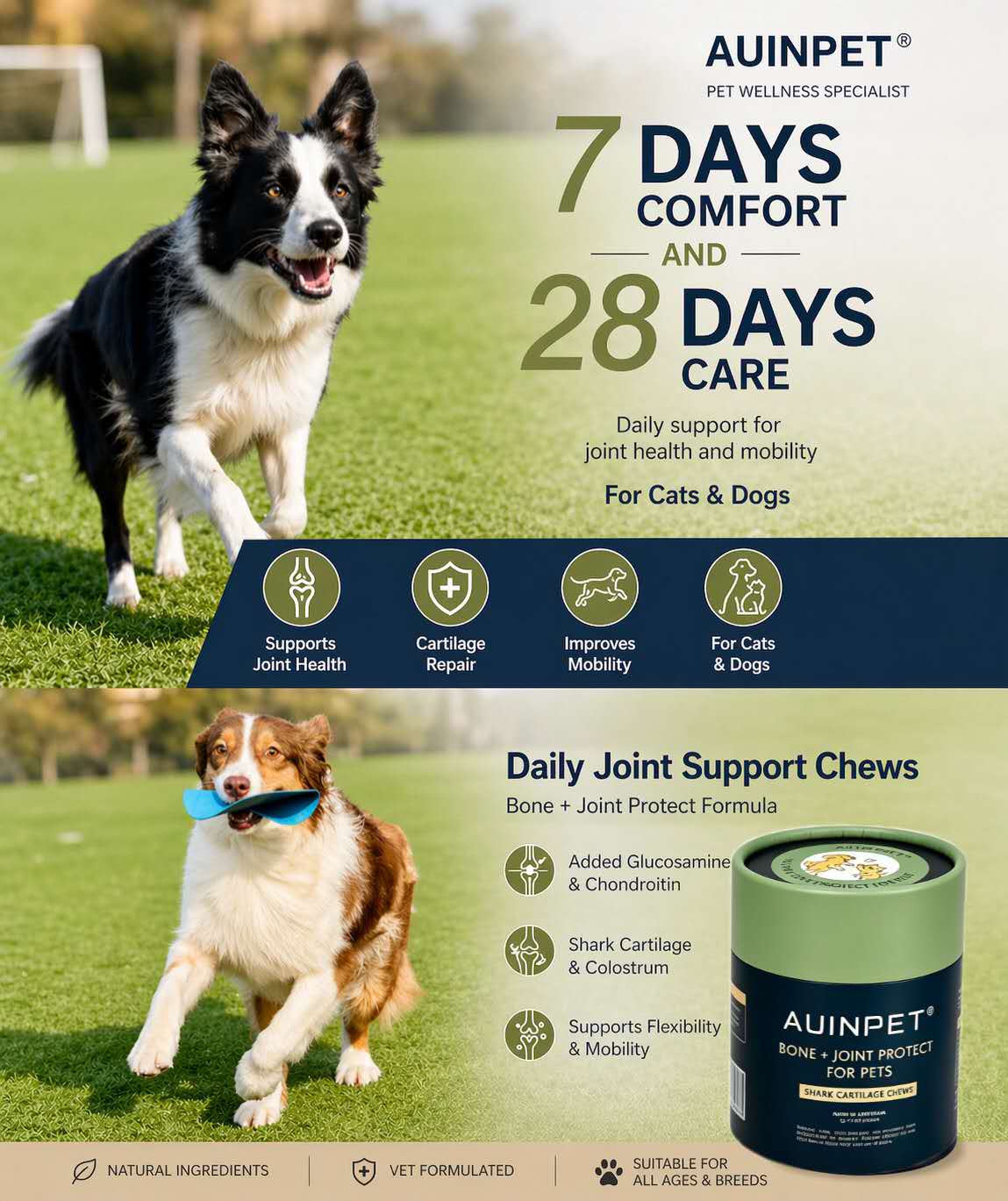 AUINPET Bone + Joint Protect Shark Cartilage Chews For Dogs & Cats 180g
