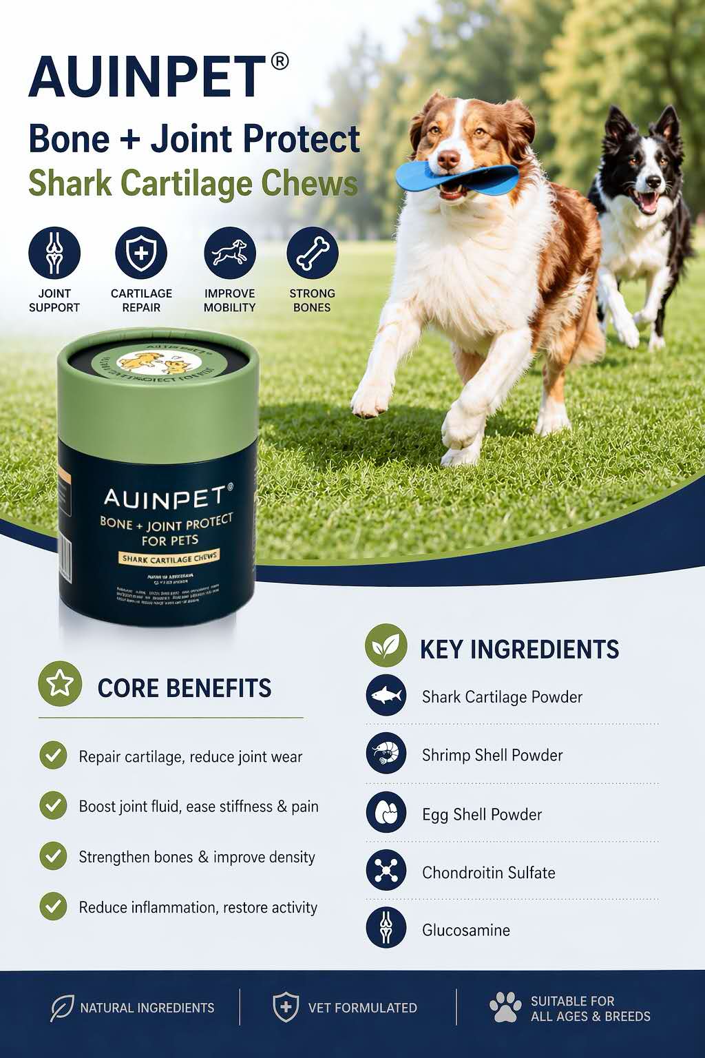 AUINPET Bone + Joint Protect Shark Cartilage Chews For Dogs & Cats 180g