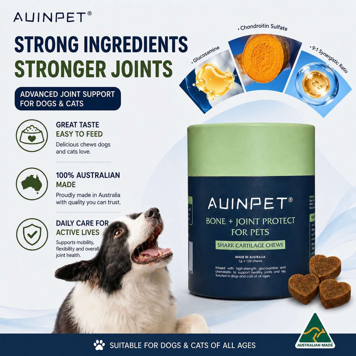 AUINPET Bone + Joint Protect Shark Cartilage Chews For Dogs & Cats 180g