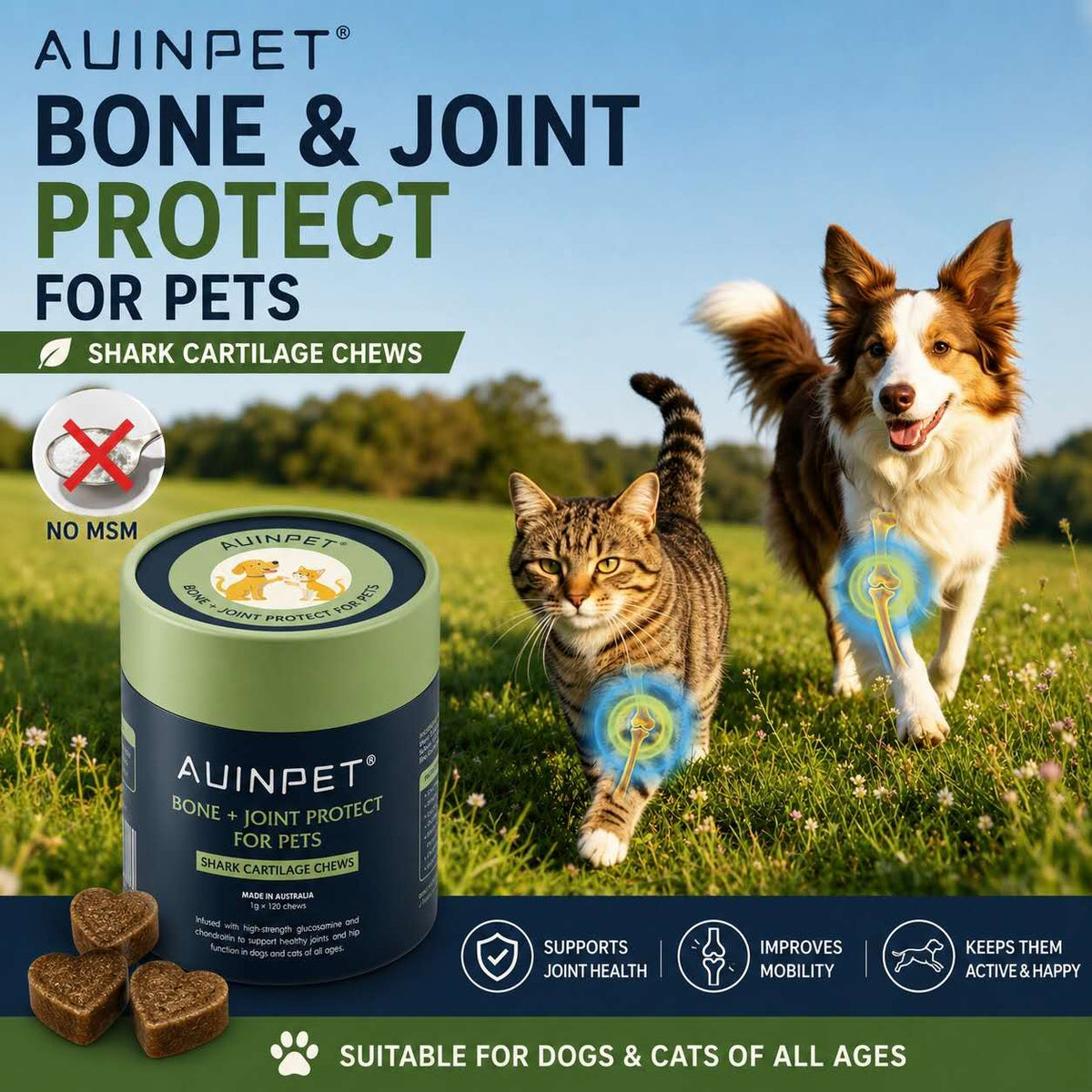 AUINPET Bone + Joint Protect Shark Cartilage Chews For Dogs & Cats 180g