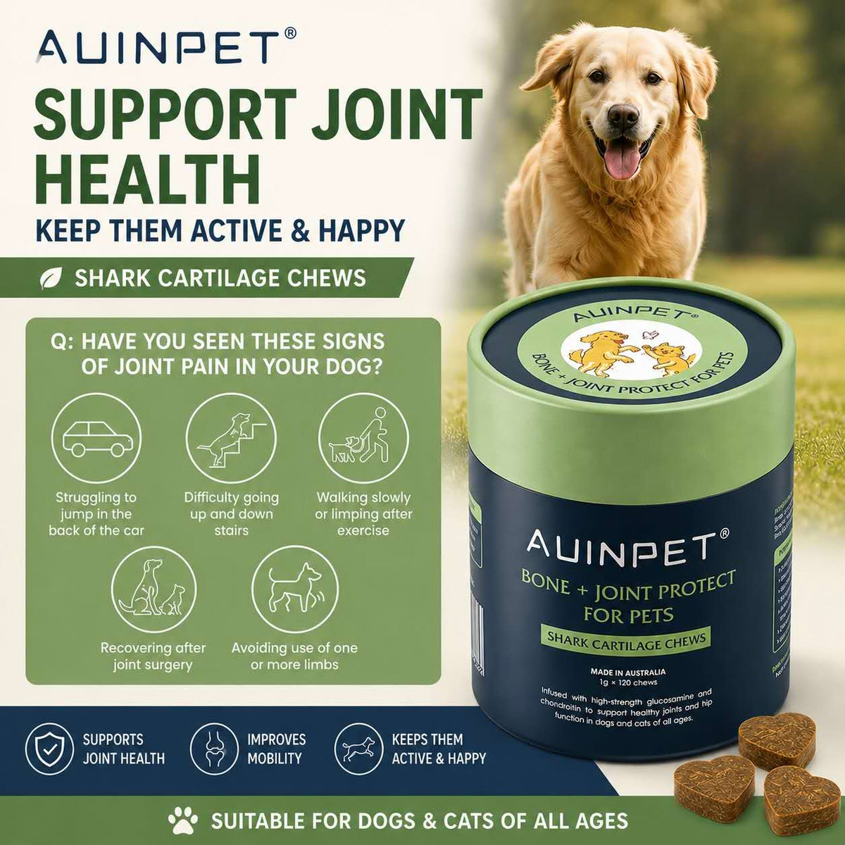 AUINPET Bone + Joint Protect Shark Cartilage Chews For Dogs & Cats 180g