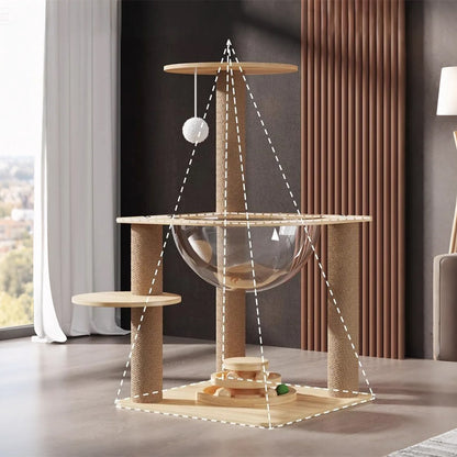 Wooden Cat Tree with Sisal Scratching Posts & Acrylic Space Pod