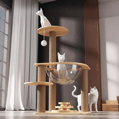 Wooden Cat Tree with Sisal Scratching Posts & Acrylic Space Pod