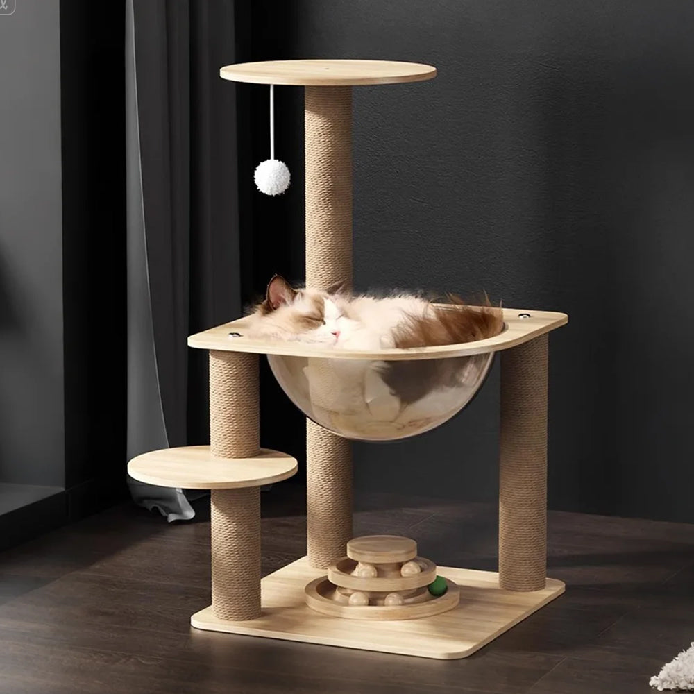 Wooden Cat Tree with Sisal Scratching Posts & Acrylic Space Pod