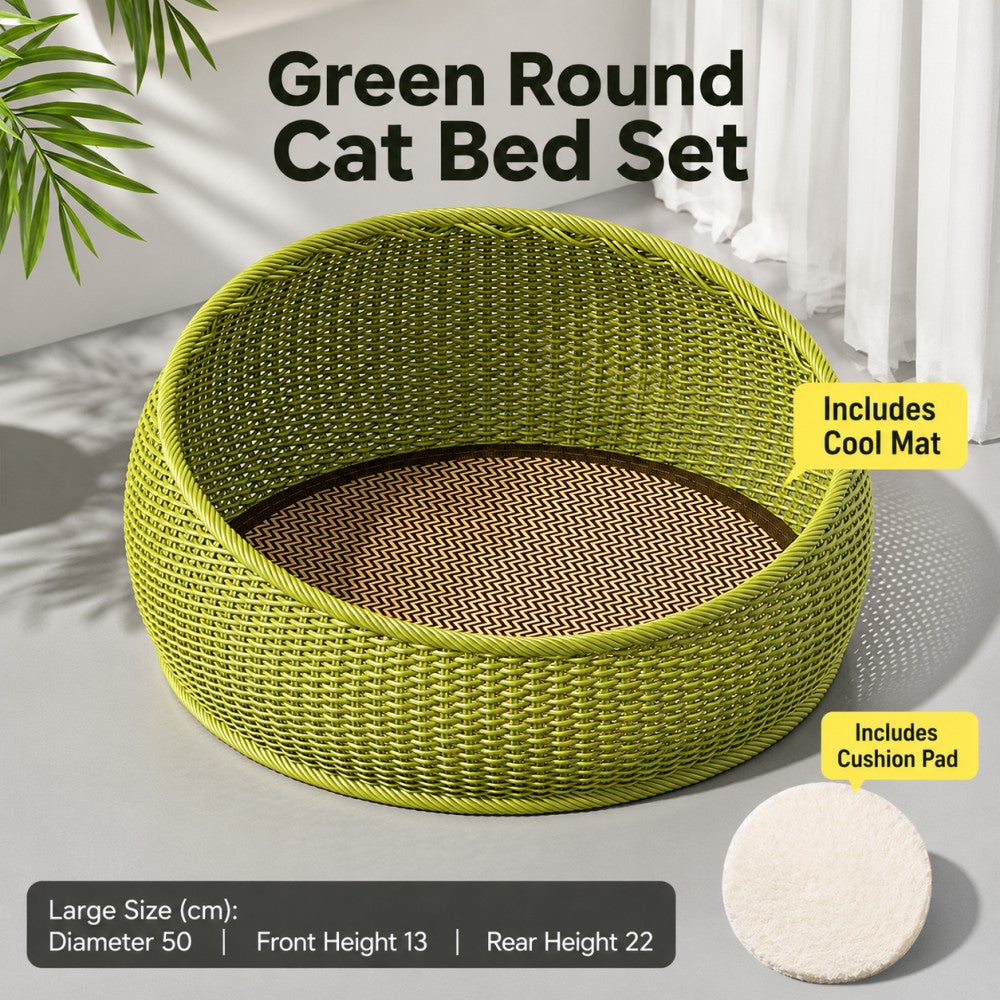 Woven Straw Cat Bed with Cooling Mat and Cushion – Semi-Enclosed, All-Season