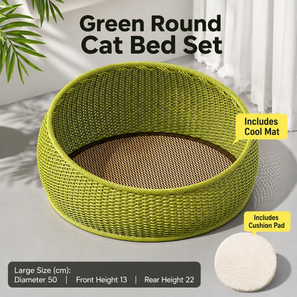 Woven Straw Cat Bed with Cooling Mat and Cushion – Semi-Enclosed, All-Season
