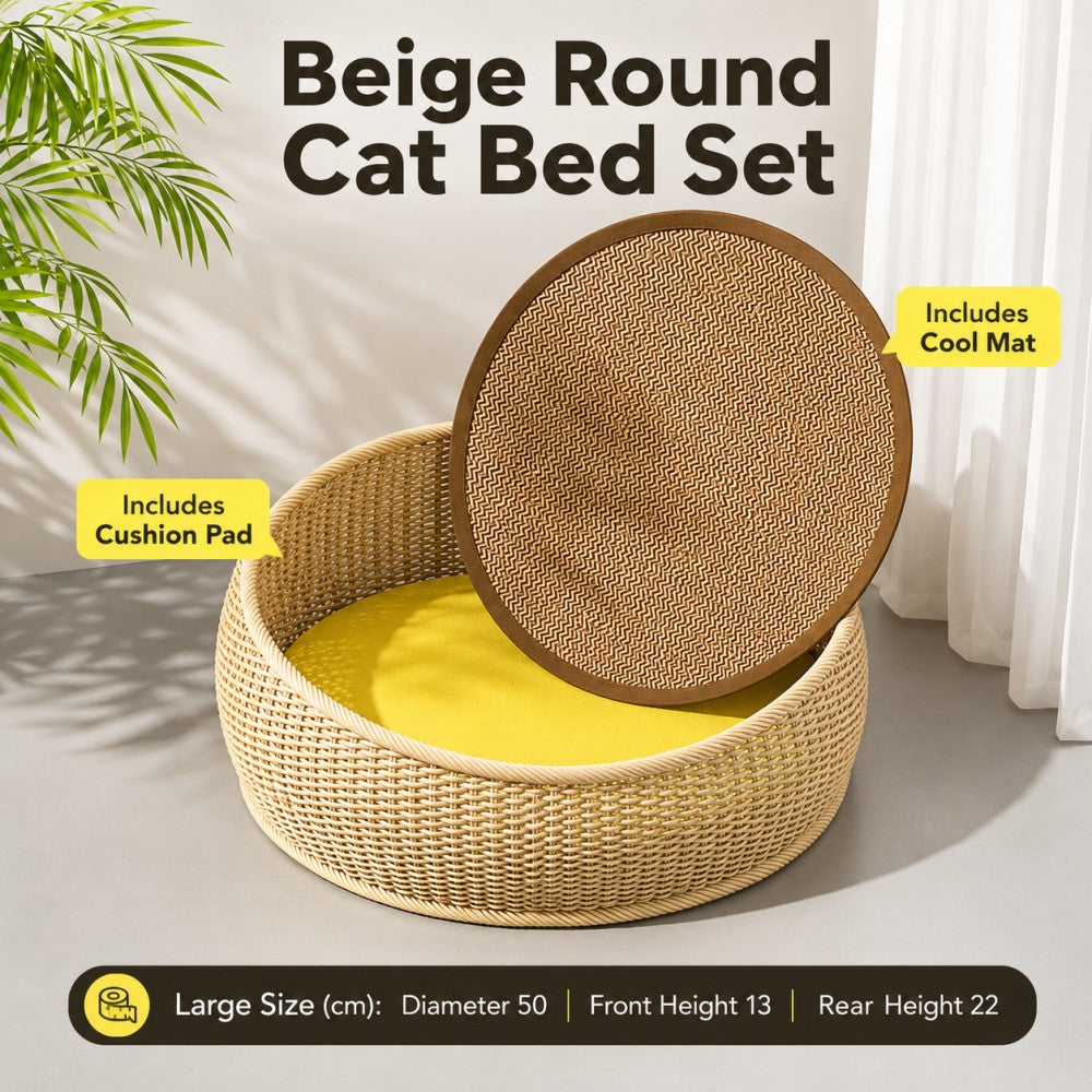 Woven Straw Cat Bed with Cooling Mat and Cushion – Semi-Enclosed, All-Season