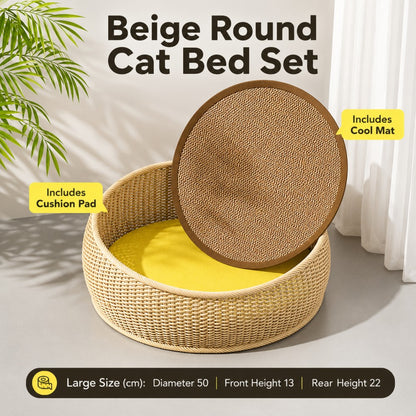 Woven Straw Cat Bed with Cooling Mat and Cushion – Semi-Enclosed, All-Season