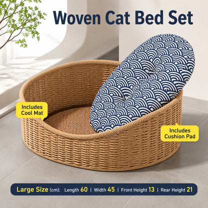 Woven Straw Cat Bed with Cooling Mat and Cushion – Semi-Enclosed, All-Season