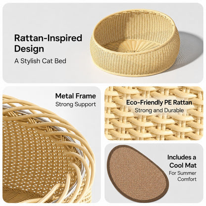 Woven Straw Cat Bed with Cooling Mat and Cushion – Semi-Enclosed, All-Season