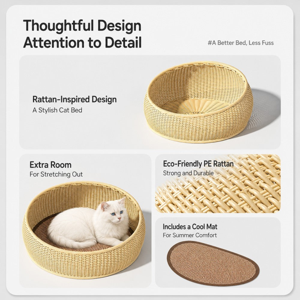 Woven Straw Cat Bed with Cooling Mat and Cushion – Semi-Enclosed, All-Season