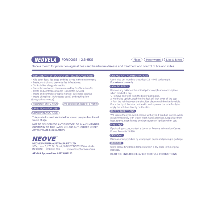 NEOVELA Flea And Worming For Dogs 2.6-5kg 4x0.25mL Tubes Purple